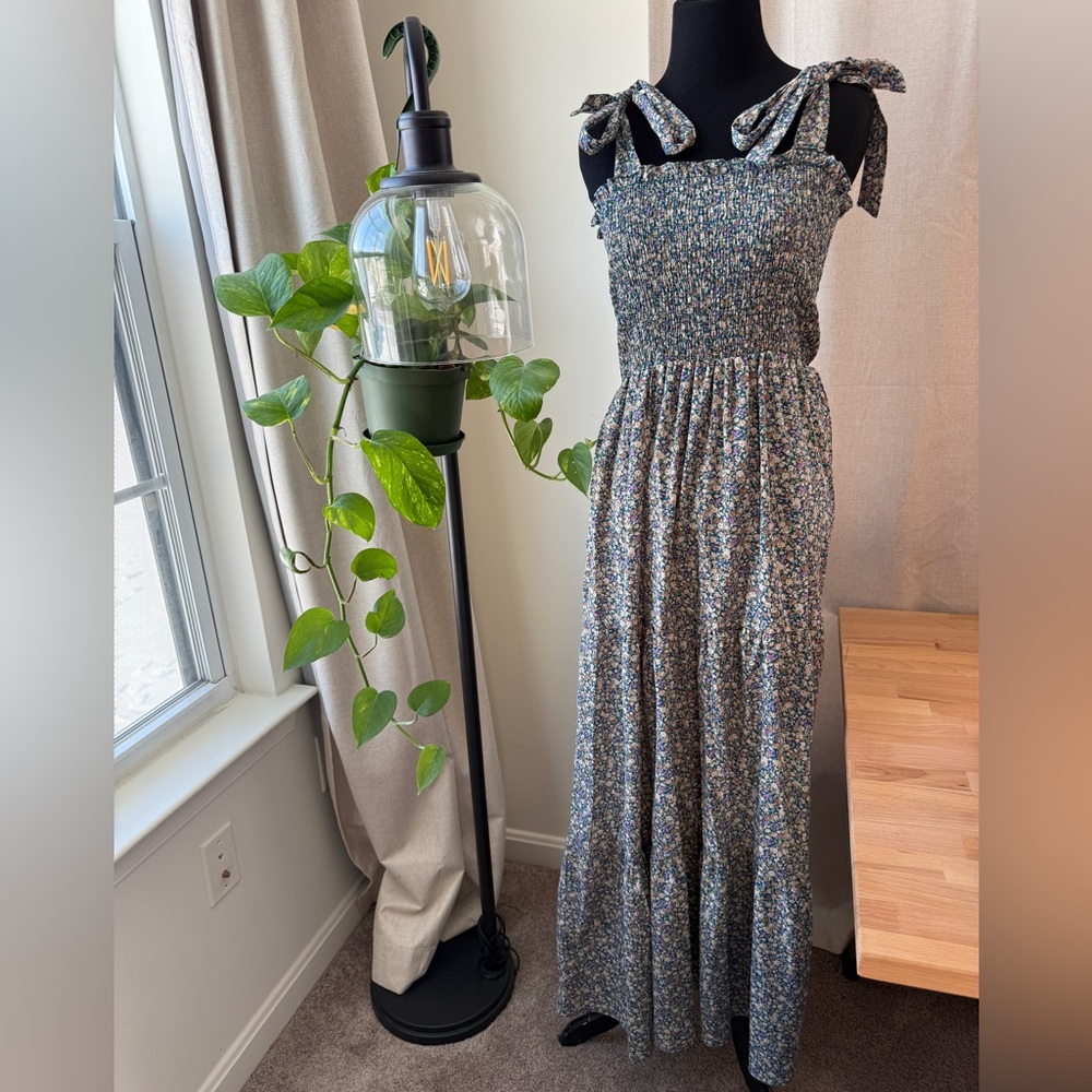 Floral blue tiered feminine sun dress smocked flowy maxi dress